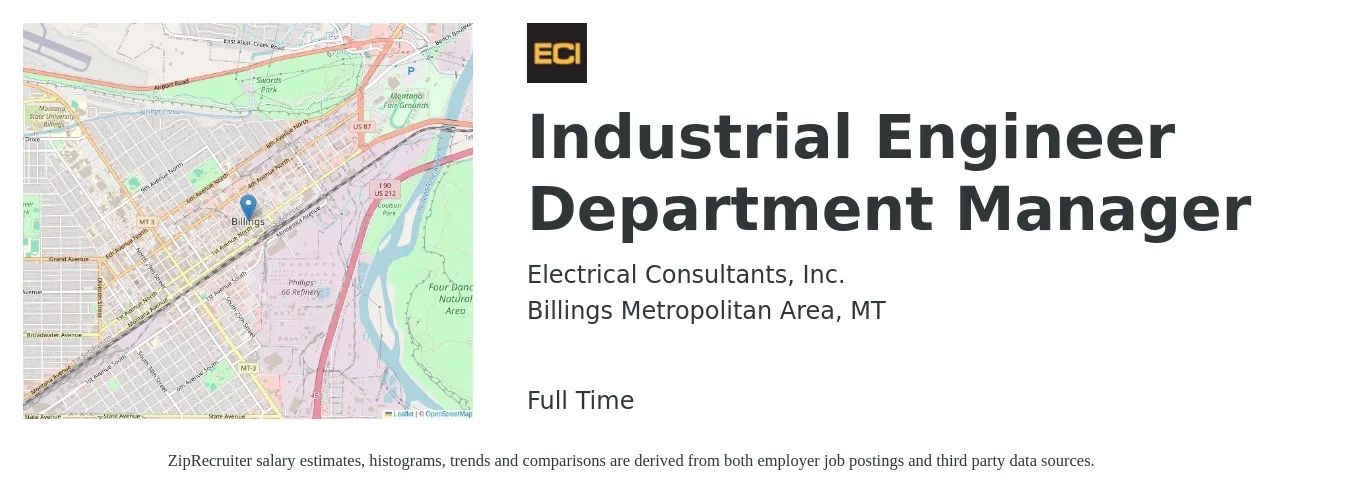 Electrical Consultants, Inc. job posting for a Industrial Engineer Department Manager in Billings Metropolitan Area, MT with a salary of $92,500 to $135,400 Yearly with a map of Billings Metropolitan Area location.