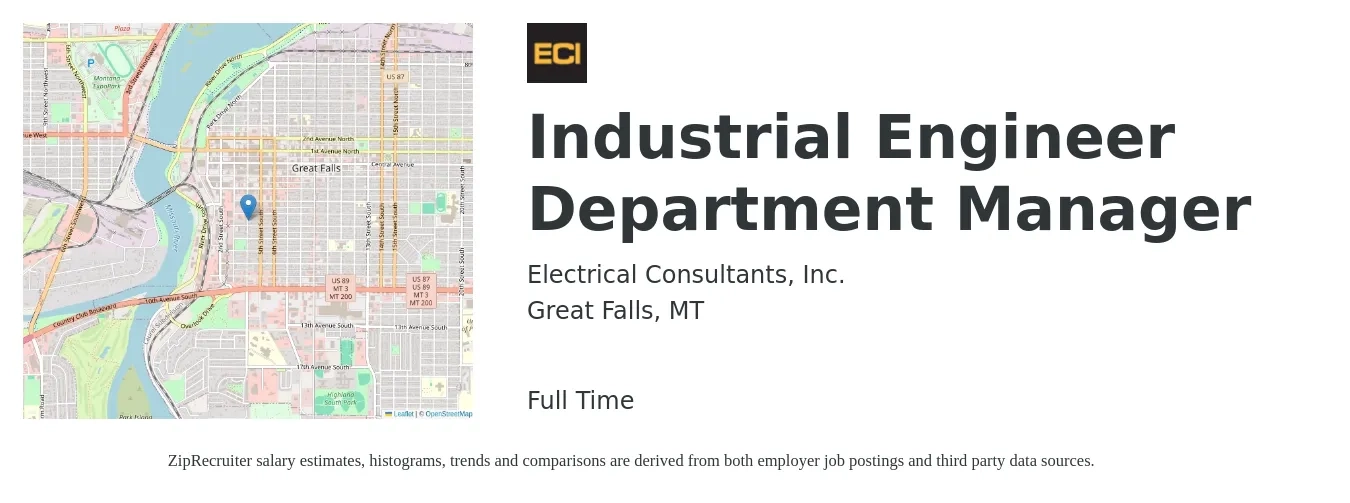 Electrical Consultants, Inc. job posting for a Industrial Engineer Department Manager in Great Falls, MT with a salary of $91,700 to $134,100 Yearly with a map of Great Falls location.