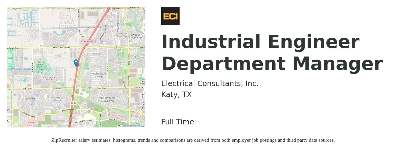 Electrical Consultants, Inc. job posting for a Industrial Engineer Department Manager in Katy, TX with a salary of $81,100 to $118,700 Yearly with a map of Katy location.