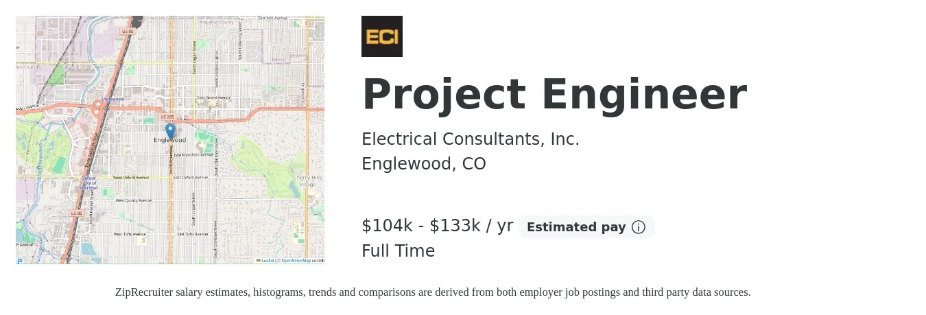 Electrical Consultants, Inc. job posting for a Project Engineer in Englewood, CO with a salary of $104,000 to $133,000 Yearly with a map of Englewood location.