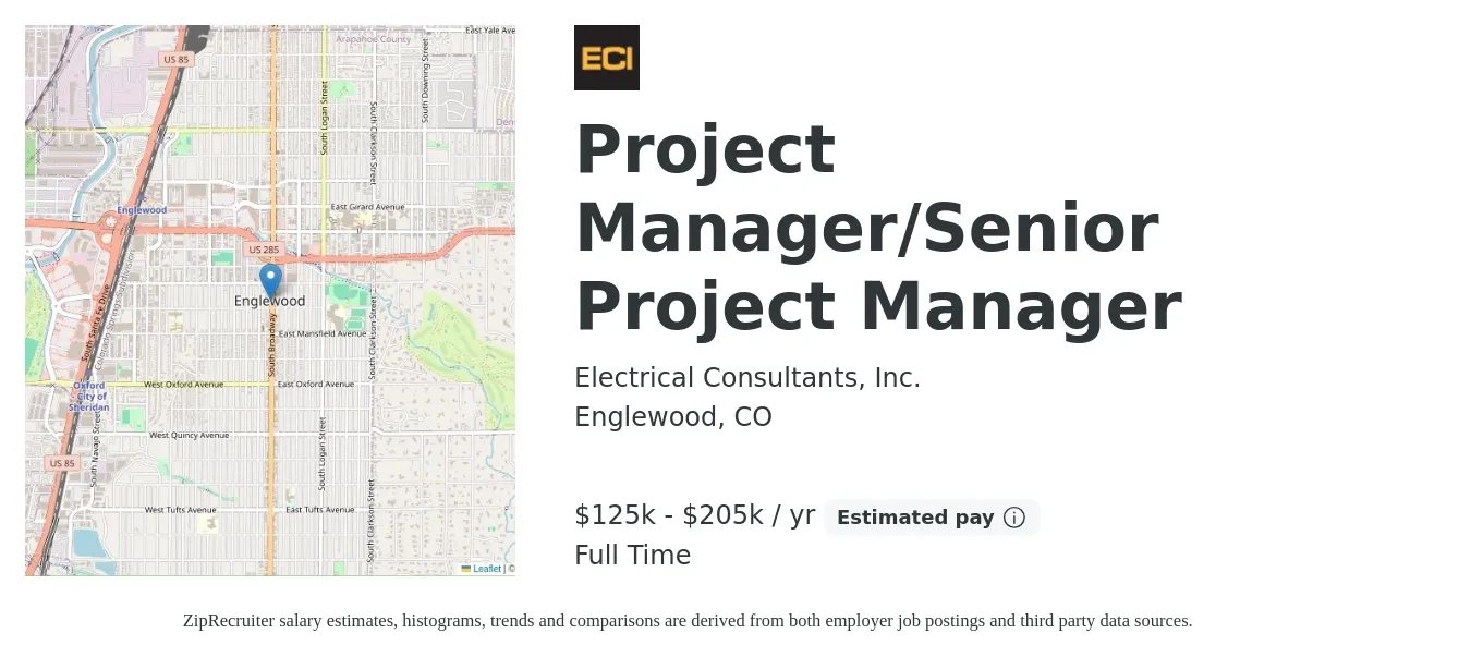 Electrical Consultants, Inc. job posting for a Project Manager/Senior Project Manager in Englewood, CO with a salary of $125,000 to $205,000 Yearly with a map of Englewood location.