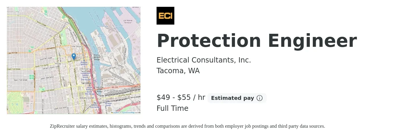 Electrical Consultants, Inc. job posting for a Protection Engineer in Tacoma, WA with a salary of $107,000 to $120,000 Yearly with a map of Tacoma location.