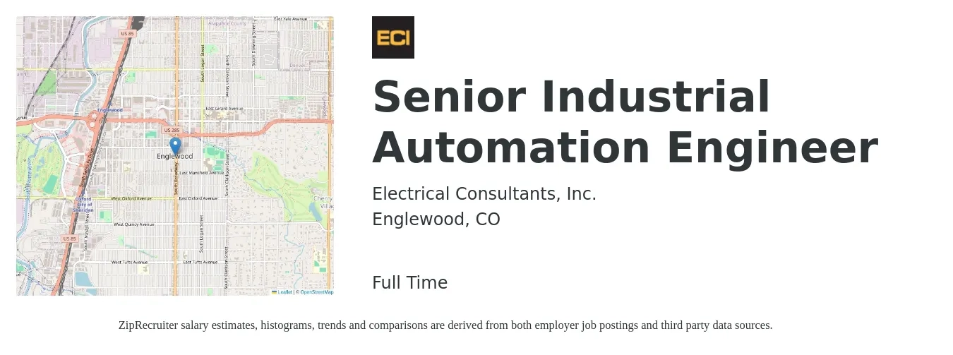 Electrical Consultants, Inc. job posting for a Senior Industrial Automation Engineer in Englewood, CO with a salary of $102,700 to $134,800 Yearly with a map of Englewood location.