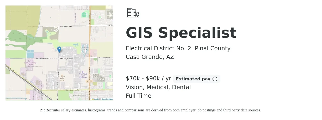 Electrical District No. 2, Pinal County job posting for a GIS Specialist in Casa Grande, AZ with a salary of $70,000 to $90,000 Yearly and benefits including medical, pto, retirement, vision, dental, and life_insurance with a map of Casa Grande location.