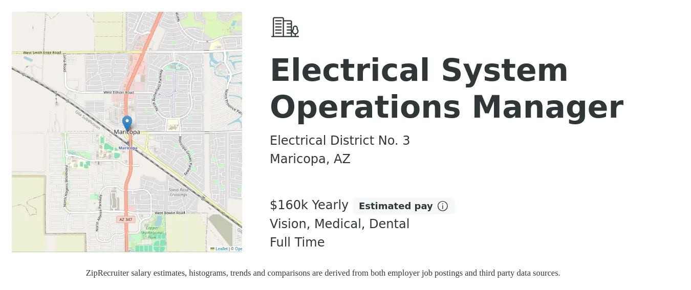 Electrical District No. 3 job posting for a Electrical System Operations Manager in Maricopa, AZ with a salary of $160,000 Yearly and benefits including dental, life_insurance, medical, pto, retirement, and vision with a map of Maricopa location.