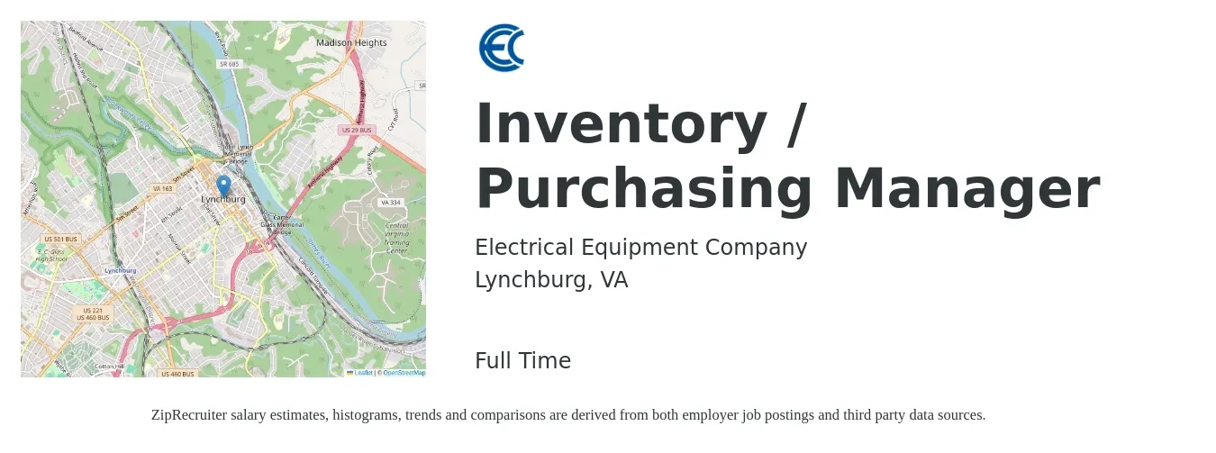 Electrical Equipment Company job posting for a Inventory / Purchasing Manager in Lynchburg, VA with a salary of $63,200 to $97,300 Yearly with a map of Lynchburg location.