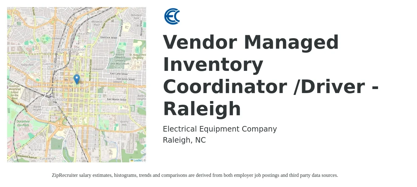 Electrical Equipment Company job posting for a Vendor Managed Inventory Coordinator Driver - Raleigh in Raleigh, NC with a salary of $18 to $23 Hourly with a map of Raleigh location.
