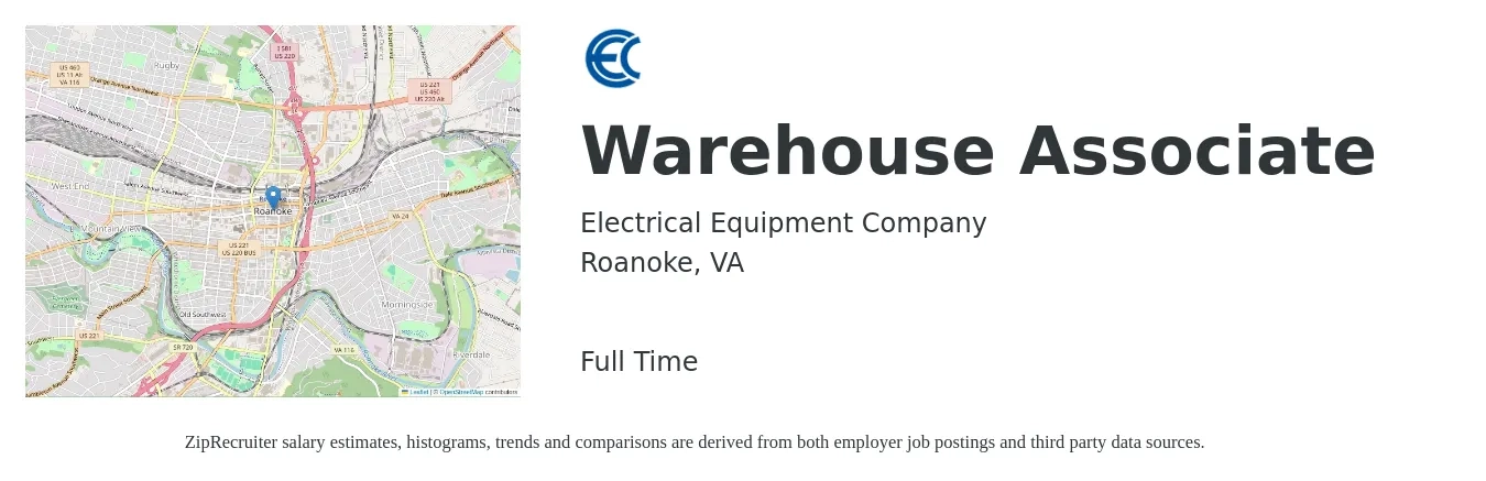 Electrical Equipment Company job posting for a Warehouse Associate in Roanoke, VA with a salary of $16 to $19 Hourly with a map of Roanoke location.