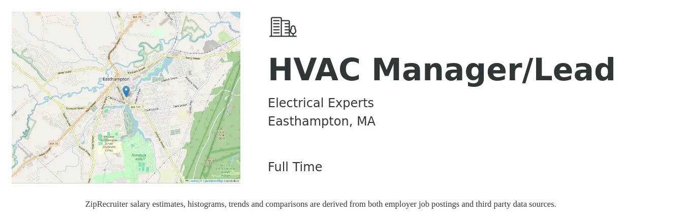 Electrical Experts job posting for a HVAC Manager/Lead in Easthampton, MA with a salary of $75 Hourly with a map of Easthampton location.