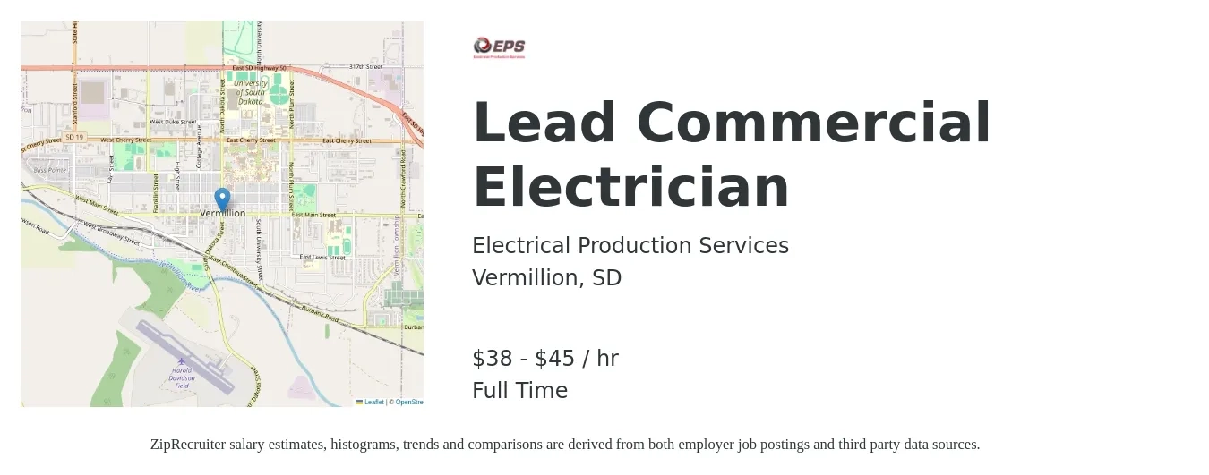 Electrical Production Services job posting for a Lead Commercial Electrician in Vermillion, SD with a salary of $40 to $47 Hourly with a map of Vermillion location.