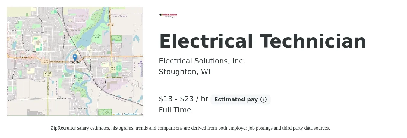 Electrical Solutions, Inc. job posting for a Electrical Technician in Stoughton, WI with a salary of $14 to $24 Hourly with a map of Stoughton location.