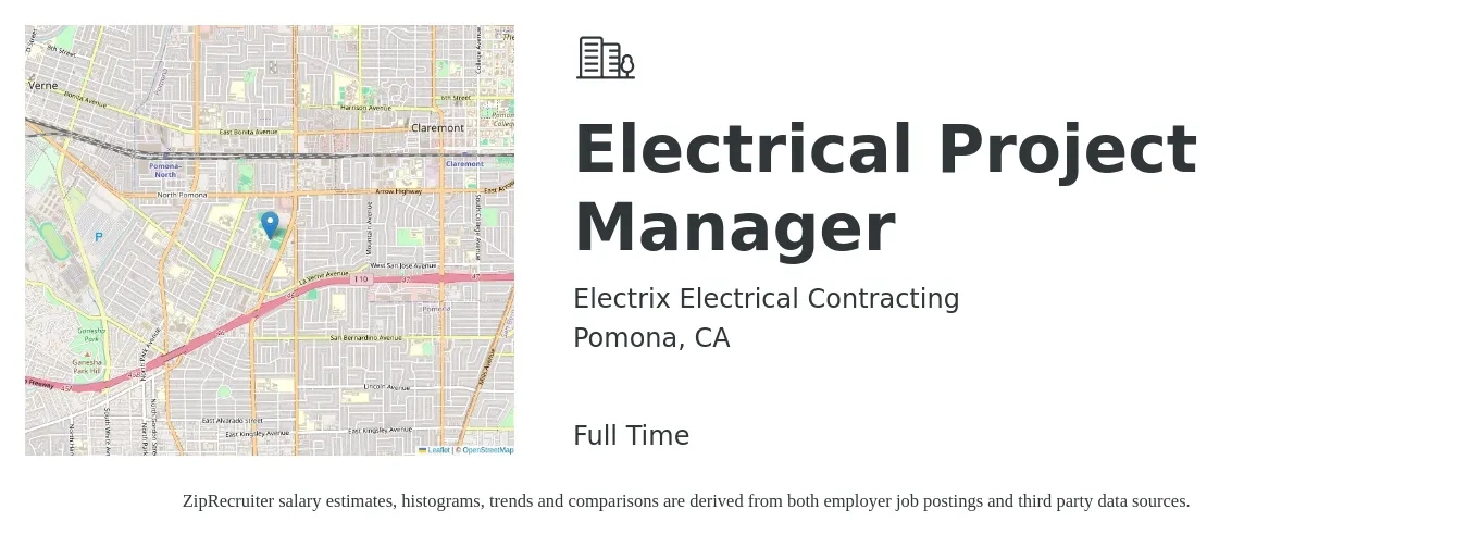 Electrix Electrical Contracting job posting for a Electrical Project Manager in Pomona, CA with a salary of $87,000 to $123,600 Yearly with a map of Pomona location.