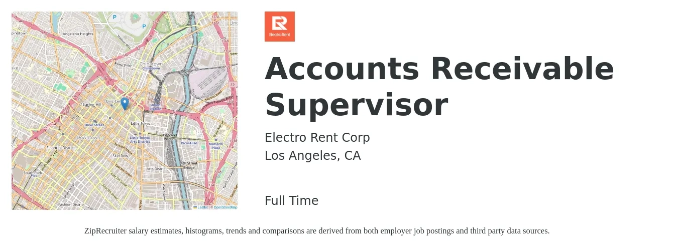 Electro Rent Corp job posting for a Accounts Receivable Supervisor in Los Angeles, CA with a salary of $62,300 to $91,700 Yearly with a map of Los Angeles location.