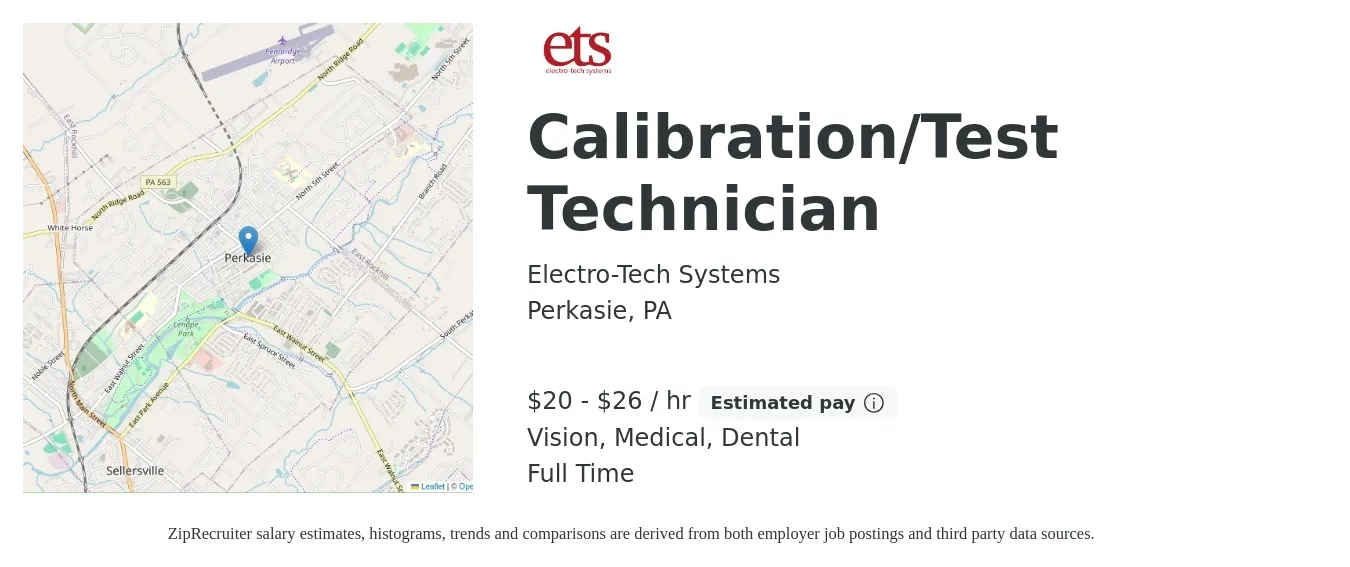 Electro-Tech Systems job posting for a Calibration/Test Technician in Perkasie, PA with a salary of $21 to $28 Hourly and benefits including pto, retirement, vision, dental, life_insurance, and medical with a map of Perkasie location.