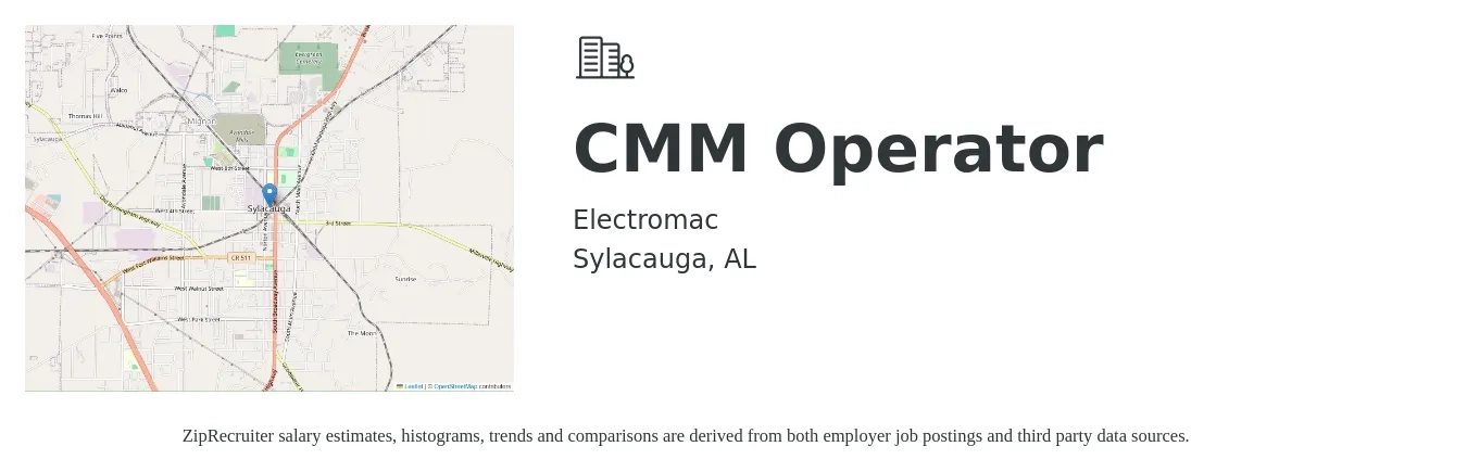 Electromac job posting for a CMM Operator in Sylacauga, AL with a salary of $16 to $23 Hourly with a map of Sylacauga location.