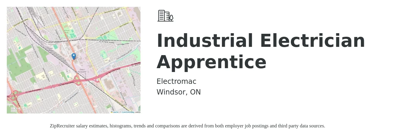 Electromac job posting for a Industrial Electrician Apprentice in Windsor, ON with a map of Windsor location.