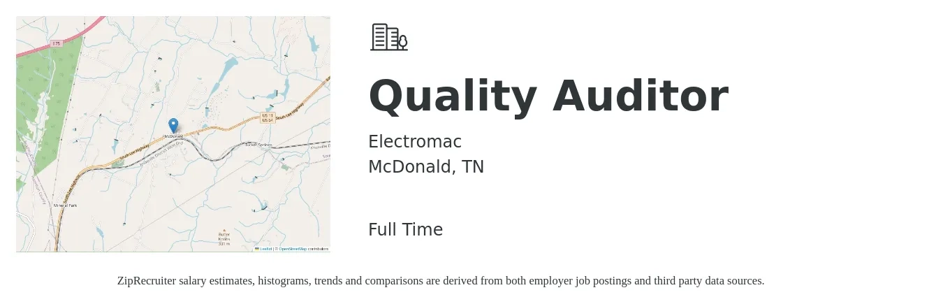 Electromac job posting for a Quality Auditor in McDonald, TN with a salary of $14 to $28 Hourly with a map of McDonald location.