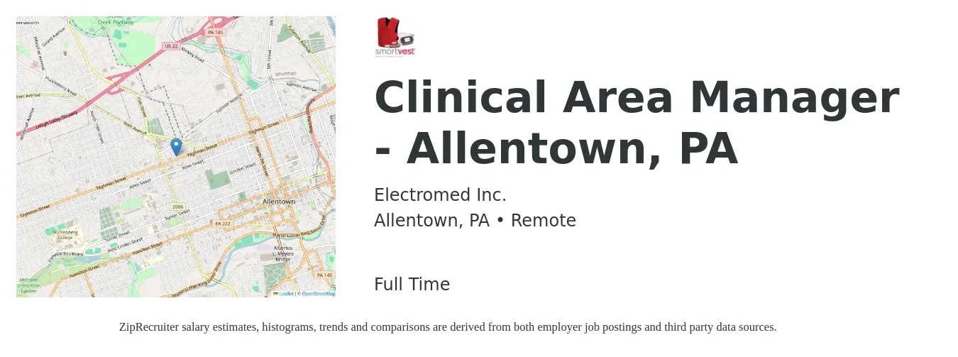 Electromed Inc. job posting for a Clinical Area Manager - Allentown, PA in Allentown, PA with a salary of $52 to $72 Hourly with a map of Allentown location.