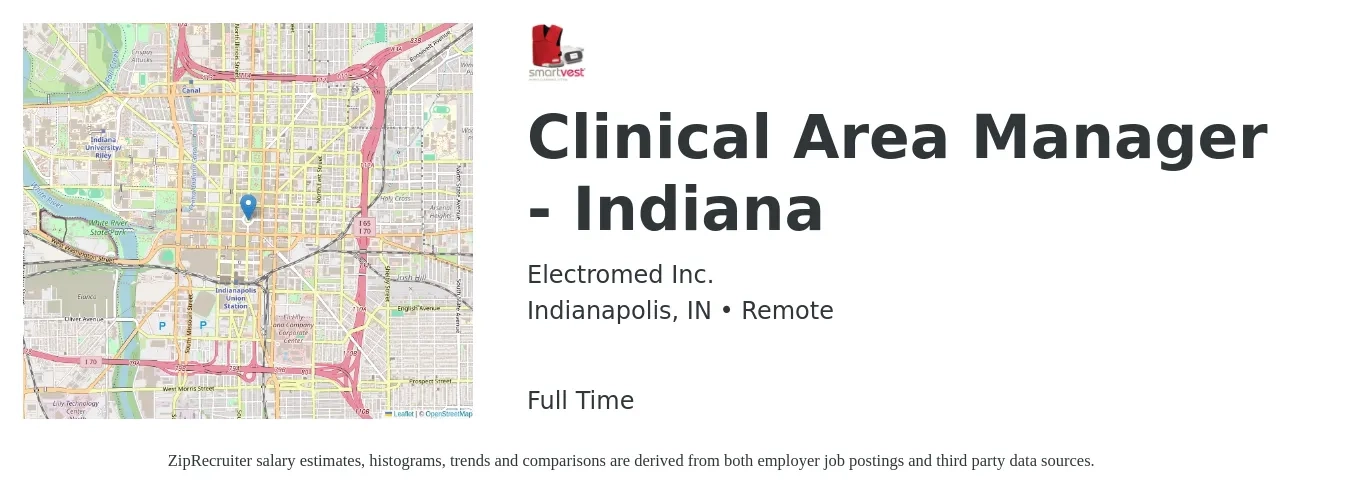 Electromed Inc. job posting for a Clinical Area Manager - Indiana in Indianapolis, IN with a map of Indianapolis location.