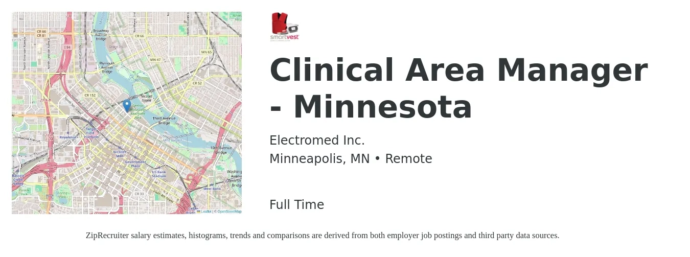 Electromed Inc. job posting for a Clinical Area Manager - Minnesota in Minneapolis, MN with a map of Minneapolis location.