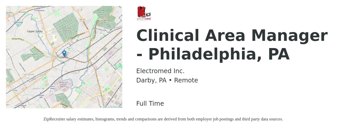 Electromed Inc. job posting for a Clinical Area Manager - Philadelphia, PA in Darby, PA with a salary of $60,500 to $83,600 Yearly with a map of Darby location.