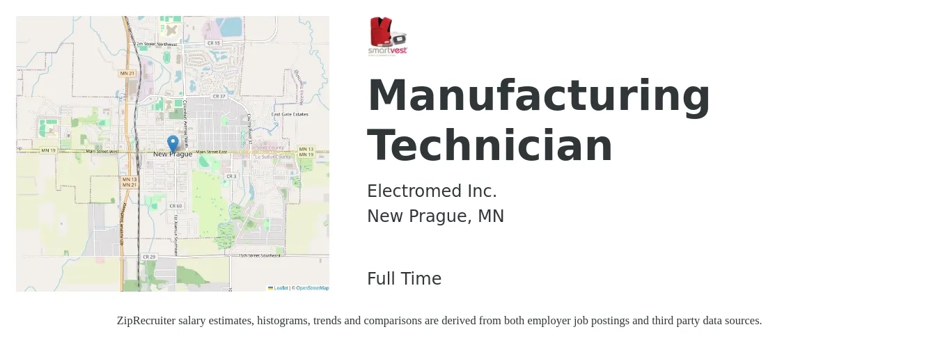 Electromed Inc. job posting for a Manufacturing Technician in New Prague, MN with a salary of $20 to $29 Hourly with a map of New Prague location.