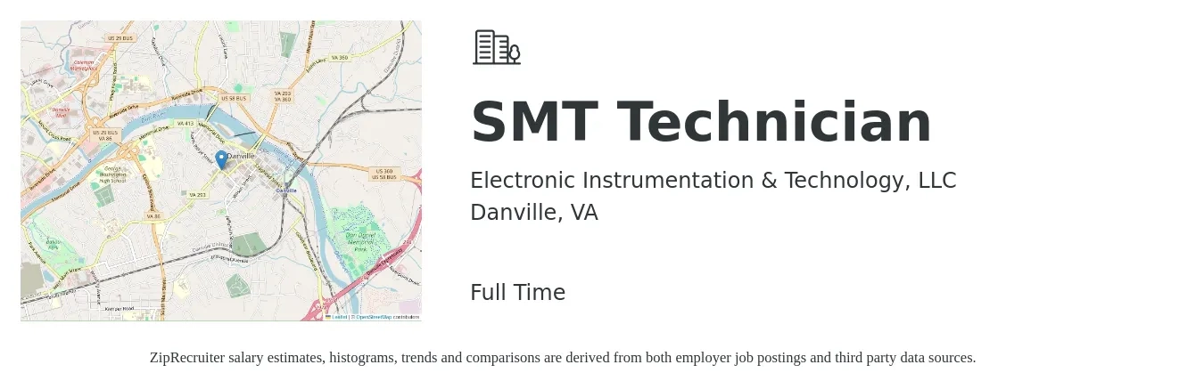 Electronic Instrumentation & Technology, LLC job posting for a SMT Technician in Danville, VA with a salary of $18 to $24 Hourly with a map of Danville location.