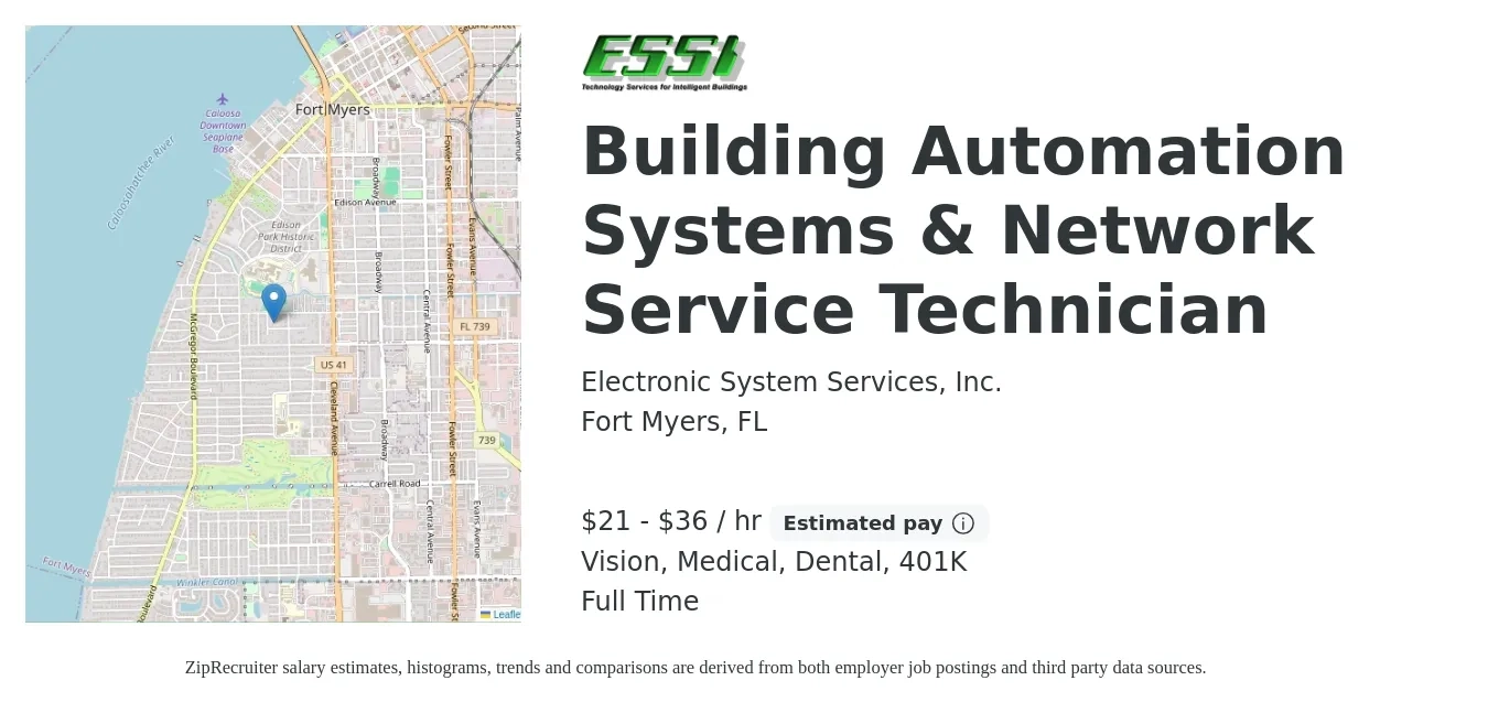 Electronic System Services, Inc. job posting for a Building Automation Systems & Network Service Technician in Fort Myers, FL with a salary of $22 to $38 Hourly and benefits including 401k, dental, life_insurance, medical, and vision with a map of Fort Myers location.