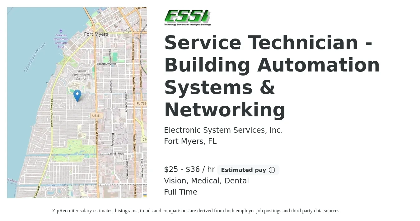 Electronic System Services, Inc. job posting for a Service Technician - Building Automation Systems & Networking in Fort Myers, FL with a salary of $27 to $38 Hourly and benefits including dental, life_insurance, medical, pto, retirement, and vision with a map of Fort Myers location.