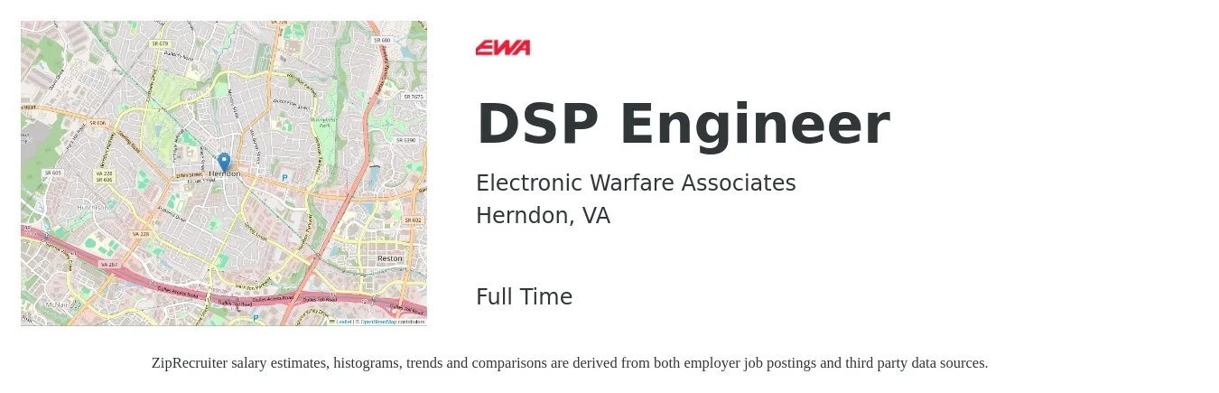 Electronic Warfare Associates job posting for a DSP Engineer in Herndon, VA with a salary of $147,100 to $171,700 Yearly with a map of Herndon location.