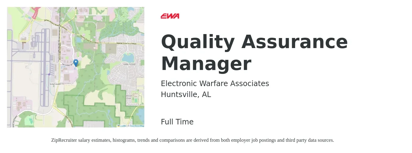 Electronic Warfare Associates job posting for a Quality Assurance Manager in Huntsville, AL with a salary of $77,300 to $134,600 Yearly with a map of Huntsville location.