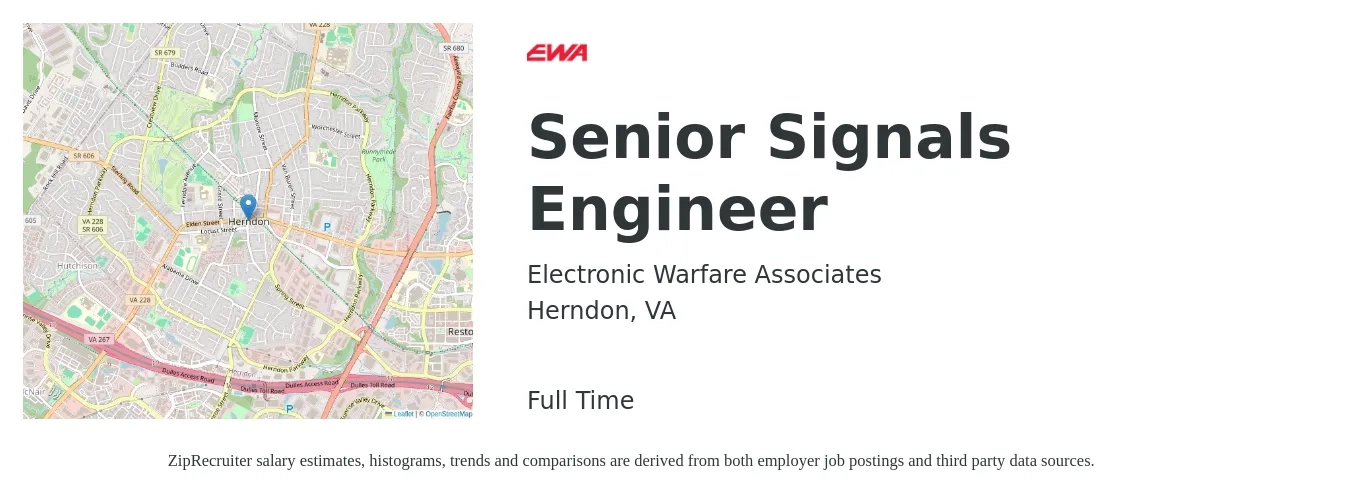 Electronic Warfare Associates job posting for a Senior Signals Engineer in Herndon, VA with a salary of $107,500 to $147,600 Yearly with a map of Herndon location.
