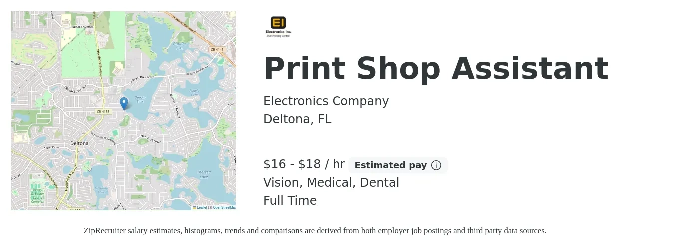 Electronics Company job posting for a Print Shop Assistant in Deltona, FL with a salary of $17 to $19 Hourly and benefits including life_insurance, medical, retirement, vision, and dental with a map of Deltona location.