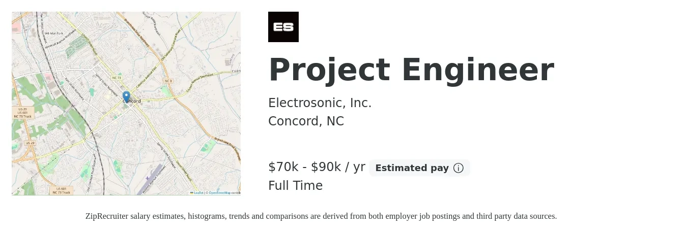 Electrosonic, Inc. job posting for a Project Engineer in Concord, NC with a salary of $70,000 to $90,000 Yearly with a map of Concord location.