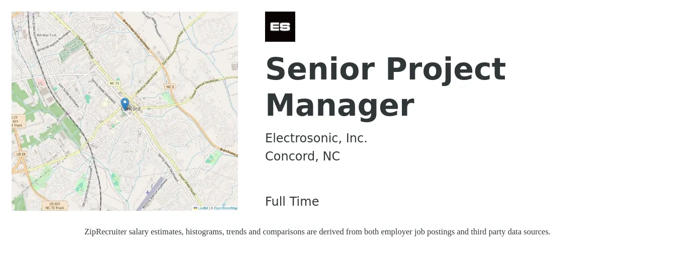 Electrosonic, Inc. job posting for a Senior Project Manager in Concord, NC with a salary of $96,400 to $136,000 Yearly with a map of Concord location.