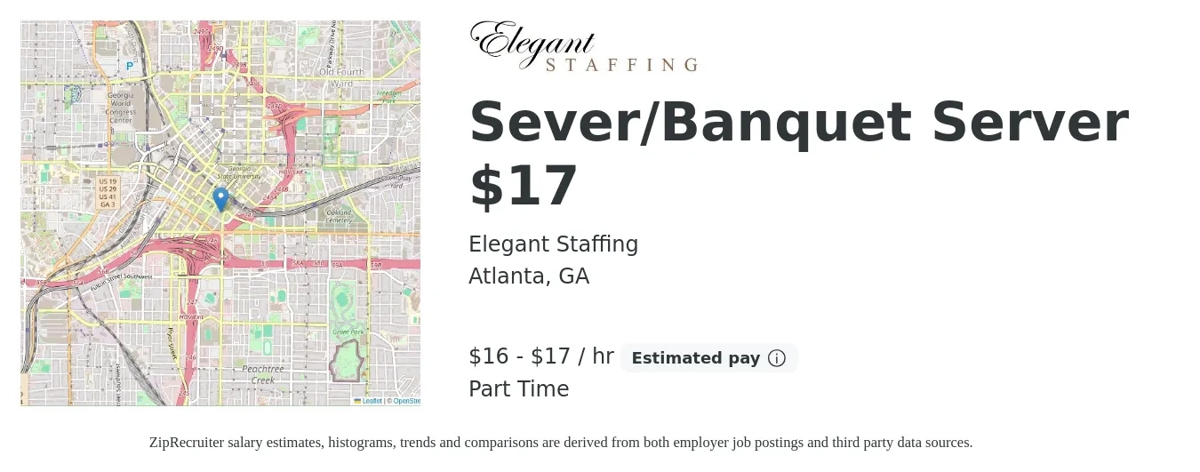 Elegant Staffing job posting for a Sever/Banquet Server $17 in Atlanta, GA with a salary of $17 to $18 Hourly with a map of Atlanta location.