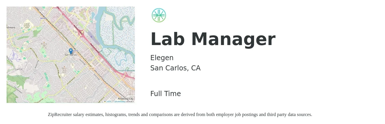 Elegen job posting for a Lab Manager in San Carlos, CA with a salary of $84,500 to $134,000 Yearly with a map of San Carlos location.