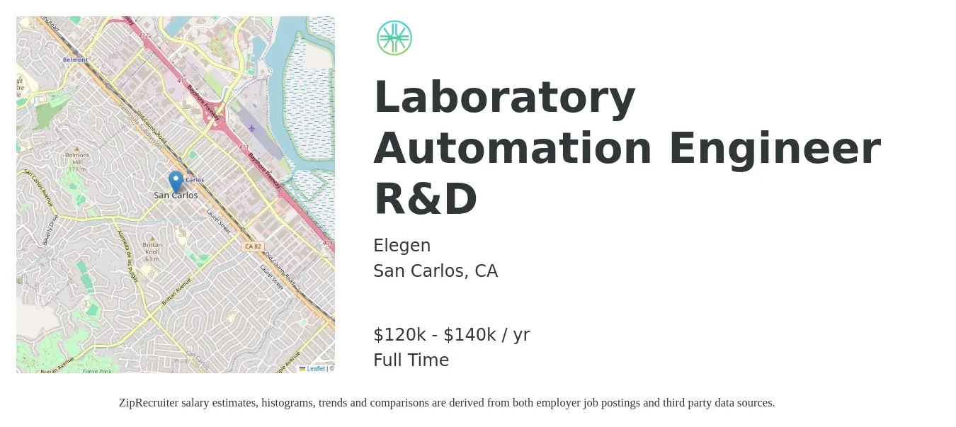 Elegen job posting for a Laboratory Automation Engineer R&D in San Carlos, CA with a salary of $120,000 to $140,000 Yearly with a map of San Carlos location.