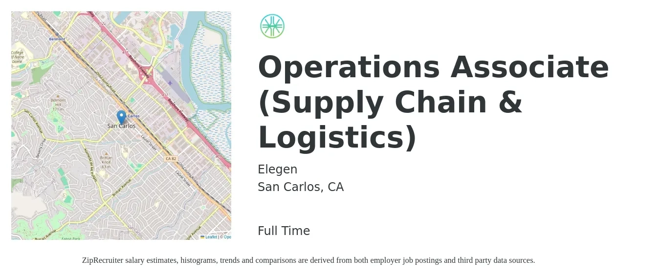 Elegen job posting for a Operations Associate (Supply Chain & Logistics) in San Carlos, CA with a salary of $24 to $38 Hourly with a map of San Carlos location.
