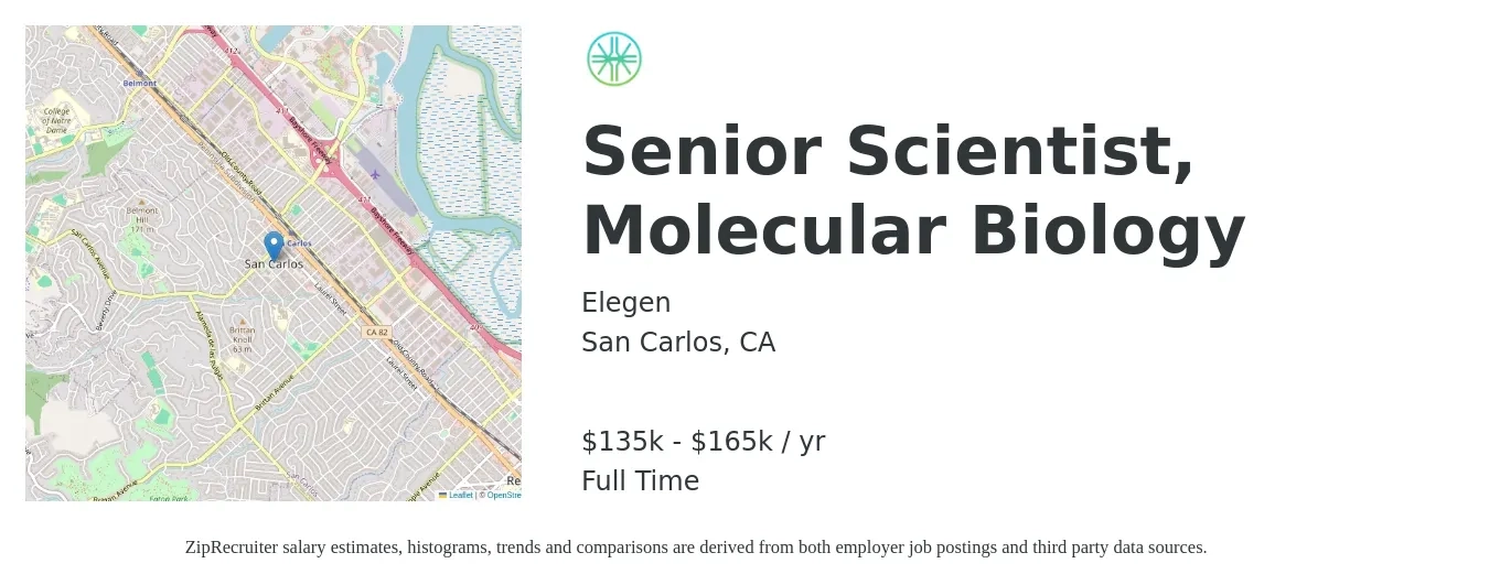 Elegen job posting for a Senior Scientist- Molecular Biology in San Carlos, CA with a salary of $135,000 to $165,000 Yearly with a map of San Carlos location.