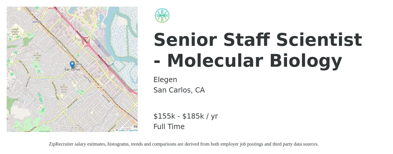 Elegen job posting for a Senior Staff Scientist - Molecular Biology in San Carlos, CA with a salary of $155,000 to $185,000 Yearly with a map of San Carlos location.