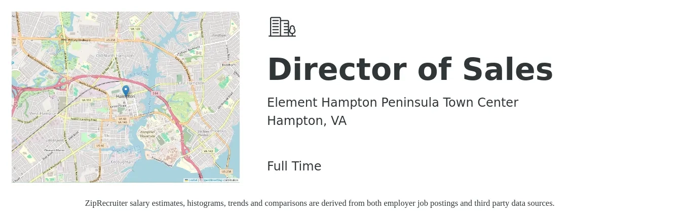 Element Hampton Peninsula Town Center job posting for a Director of Sales in Hampton, VA with a salary of $61,700 to $109,400 Yearly with a map of Hampton location.