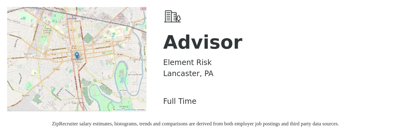 Element Risk job posting for a Advisor in Lancaster, PA with a salary of $46,600 to $77,700 Yearly with a map of Lancaster location.