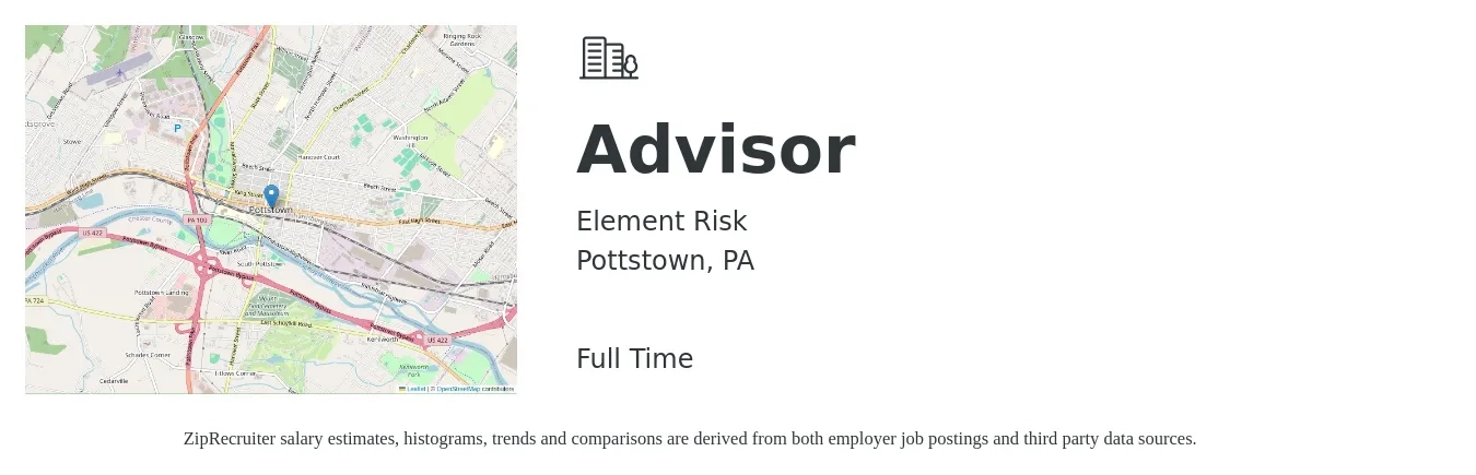 Element Risk job posting for a Advisor in Pottstown, PA with a salary of $46,700 to $77,800 Yearly with a map of Pottstown location.