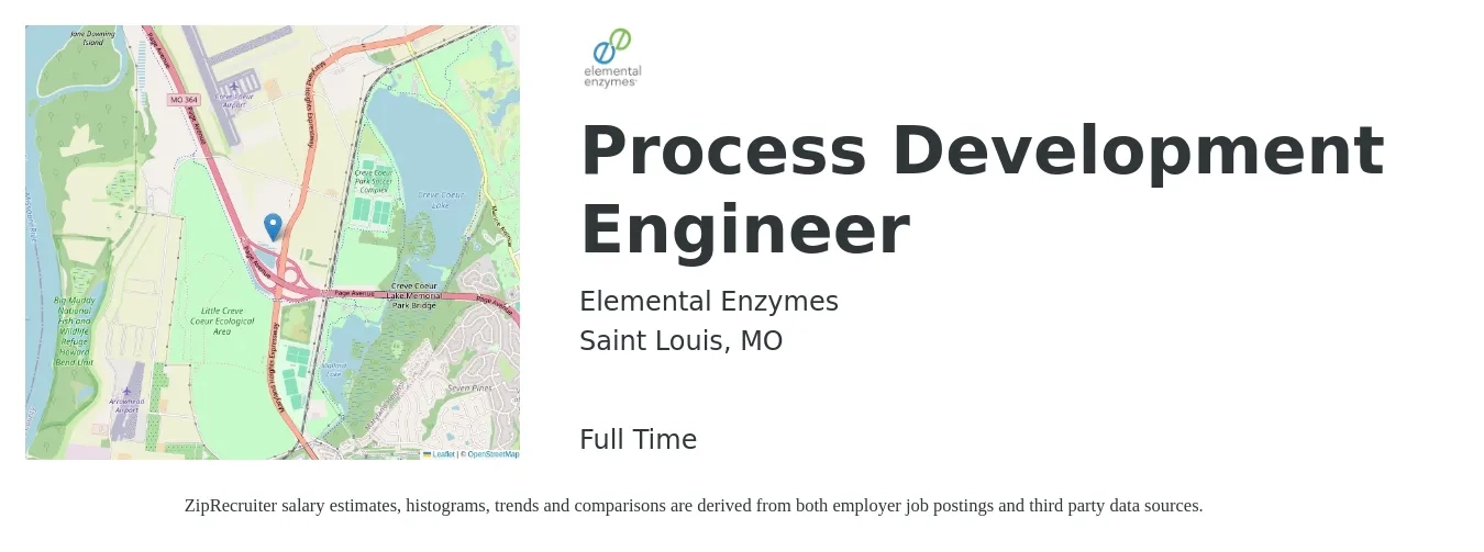 Elemental Enzymes job posting for a Process Development Engineer in Saint Louis, MO with a salary of $75,400 to $111,400 Yearly with a map of Saint Louis location.