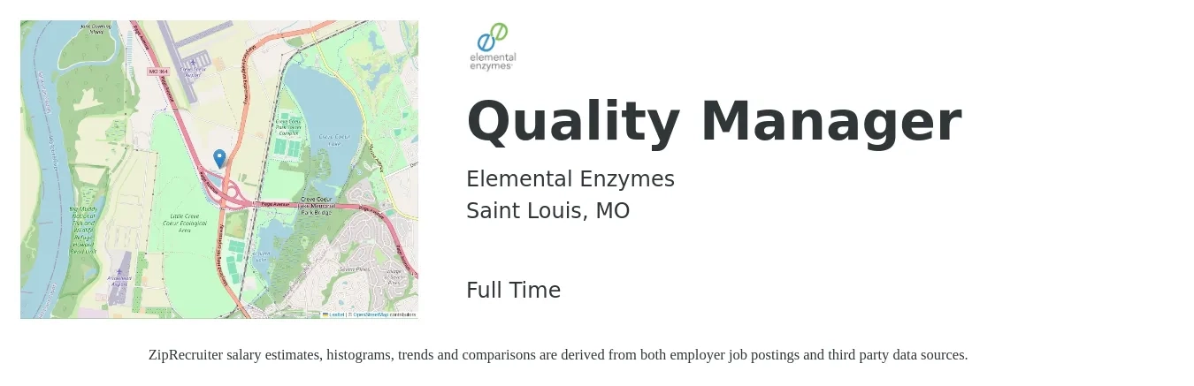 Elemental Enzymes job posting for a Quality Manager in Saint Louis, MO with a salary of $66,000 to $103,000 Yearly with a map of Saint Louis location.