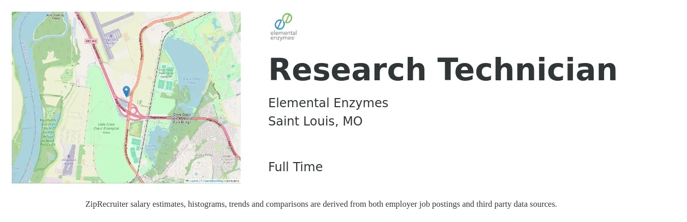 Elemental Enzymes, Inc. job posting for a Research Technician in Saint Louis, MO with a salary of $17 to $23 Hourly with a map of Saint Louis location.