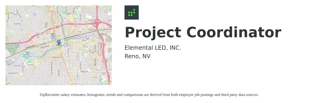 Elemental LED, INC. job posting for a Project Coordinator in Reno, NV with a salary of $60,000 Yearly with a map of Reno location.