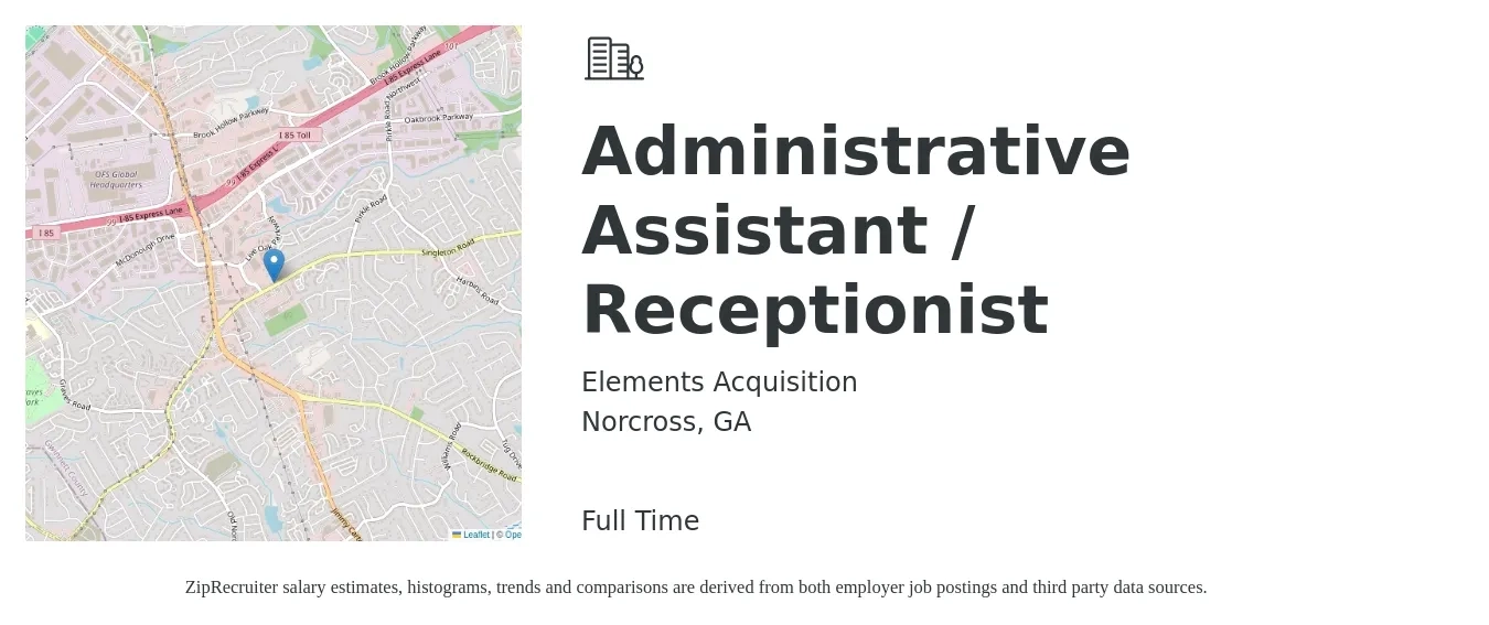 Elements Acquisition job posting for a Administrative Assistant / Receptionist in Norcross, GA with a salary of $15 to $19 Hourly with a map of Norcross location.