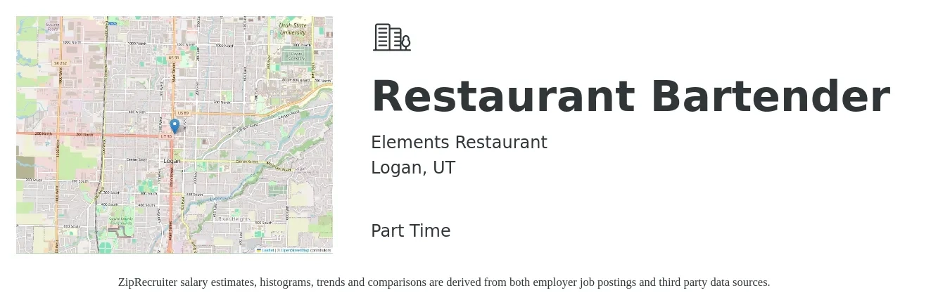 Elements Restaurant job posting for a Restaurant Bartender in Logan, UT with a salary of $8 to $15 Hourly with a map of Logan location.